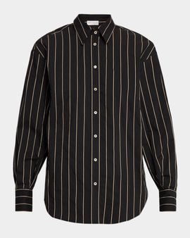 Brunello Cucinelli Triple Stripe Techno Cotton Long-Sleeve Button-Up Blouse