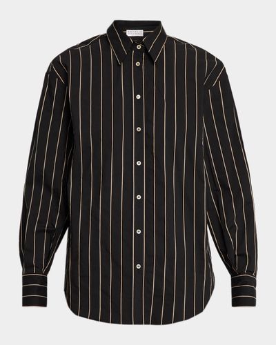 Brunello Cucinelli Triple Stripe Techno Cotton Long-Sleeve Button-Up Blouse