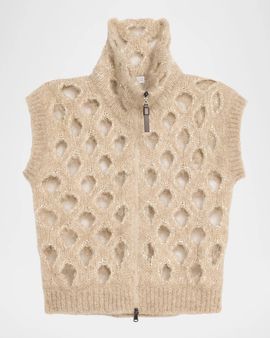 Brunello Cucinelli Turtleneck Paillette Mohair-Blend Open Knit Zip Vest