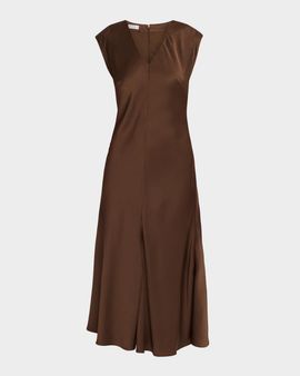 Brunello Cucinelli V-Neck Monili Sleeveless Satin Midi Dress
