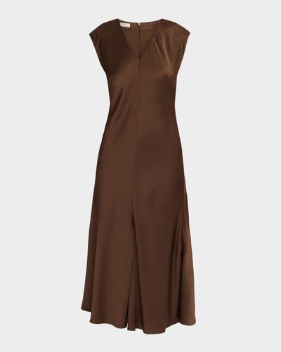 Brunello Cucinelli V-Neck Monili Sleeveless Satin Midi Dress