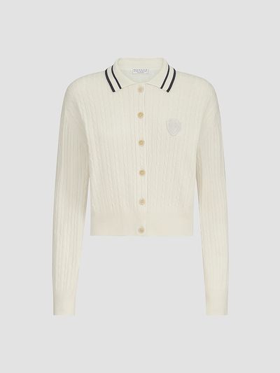 Brunello Cucinelli Women's Cashmere Cable Knit Polo Shirt with Logo