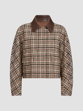 Brunello Cucinelli Women's Comfort Checked Wool and Alpaca Outerwear Jacket with Leather Collar
