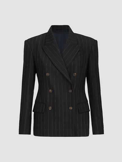 Brunello Cucinelli Women's Comfort Virgin Wool Dazzling Chalk Stripe Blazer with Monili