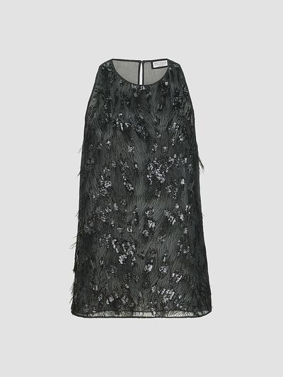 Brunello Cucinelli Women's Crispy Silk Top with Dazzling Lynx Embroidery