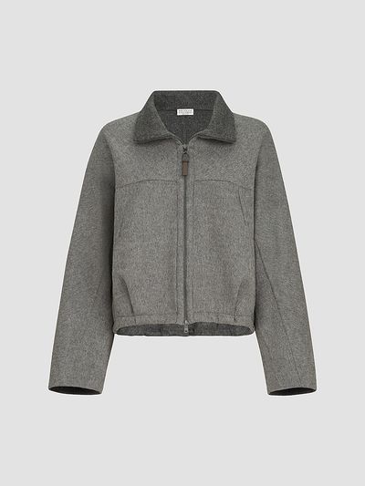 Brunello Cucinelli Women's Hand-Crafted Bomber Jacket in Virgin Wool Double Cloth with Shiny Zipper Pull