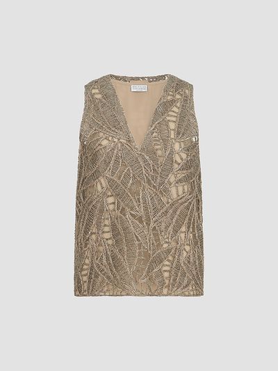 Brunello Cucinelli Women's Linen and Cotton Dazzling Cacao Leaves Embroidery Top