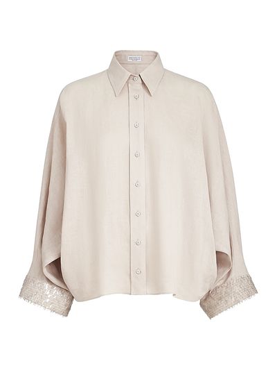 Brunello Cucinelli Women's Linen Shirt with Dazzling Cascade Cuffs