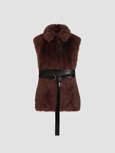 Brunello Cucinelli Women's Lux Shearling Vest with Nappa Leather Belt and Monili