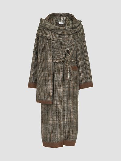 Brunello Cucinelli Women's Mohair and Wool Prince of Wales Double Knit Coat with Scarf