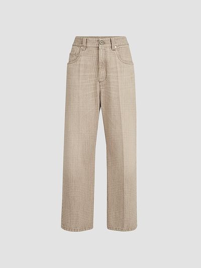 Brunello Cucinelli Women's Prince of Wales Denim Contemporary Square Trousers with Monili