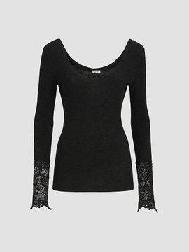 Brunello Cucinelli Women's Ribbed Wool Jersey Sweater with Dazzling Lace Embroidery Cuffs