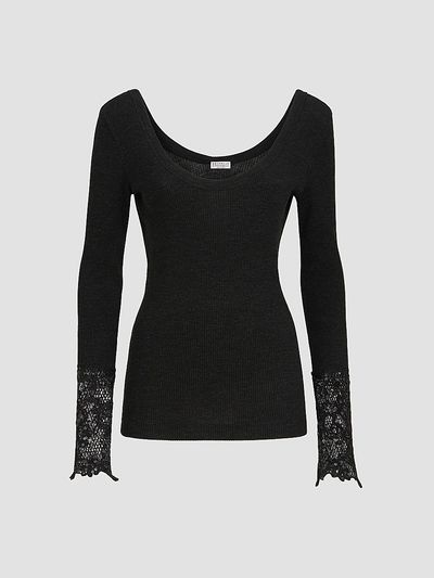 Brunello Cucinelli Women's Ribbed Wool Jersey Sweater with Dazzling Lace Embroidery Cuffs