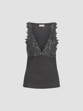 Brunello Cucinelli Women's Ribbed Wool Jersey Top with Dazzling Lace Embroidery