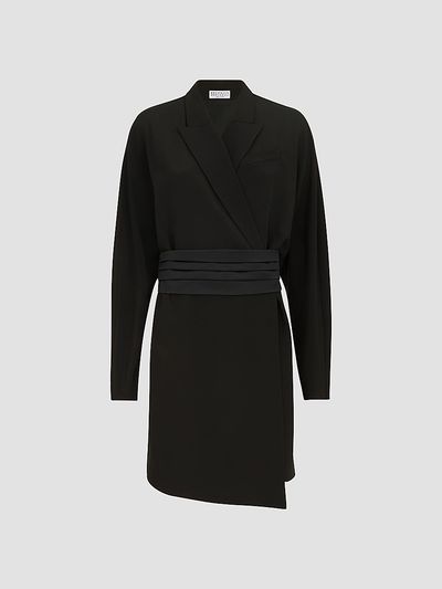 Brunello Cucinelli Women's Silk and Acetate Crêpe Cady Tuxedo Dress with Monili