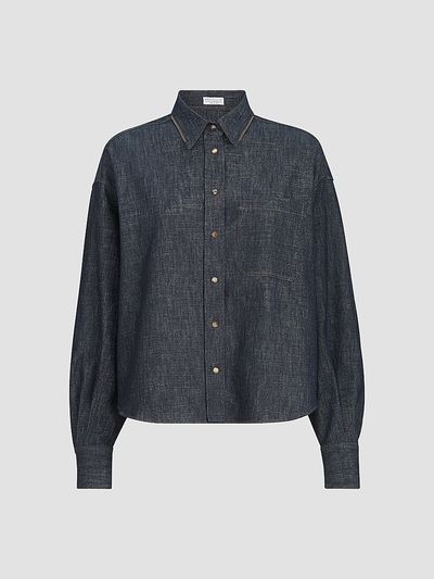 Brunello Cucinelli Women's Sparkling No-Fade Denim Shirt with Shiny Collar