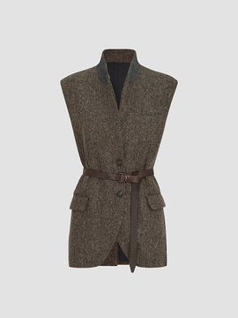 Brunello Cucinelli Women's Sparkling Virgin Wool Chevron Vest with Leather Belt and Monili