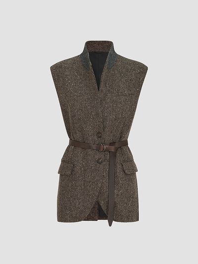 Brunello Cucinelli Women's Sparkling Virgin Wool Chevron Vest with Leather Belt and Monili
