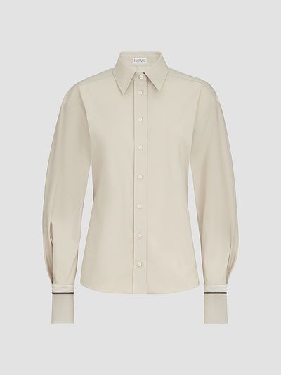 Brunello Cucinelli Women's Stretch Cotton Poplin Shirt with Shiny Silk Cuffs