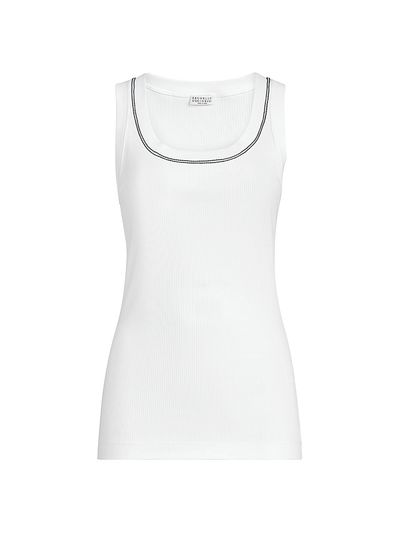 Brunello Cucinelli Women's Stretch Cotton Ribbed Jersey Top with Shiny Trim