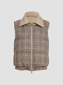 Brunello Cucinelli Women's Twill and Prince of Wales Reversible Down Vest with Detchable Leather Collar