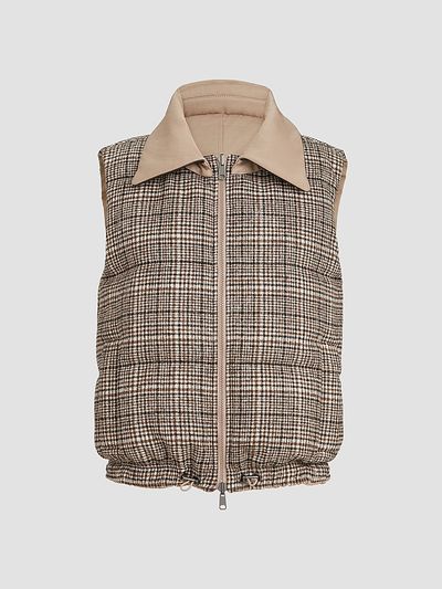 Brunello Cucinelli Women's Twill and Prince of Wales Reversible Down Vest with Detchable Leather Collar