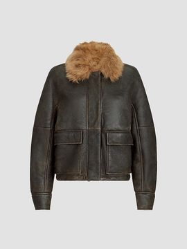 Brunello Cucinelli Women's Vintage-Effect Shearling Aviator Coat with Monili