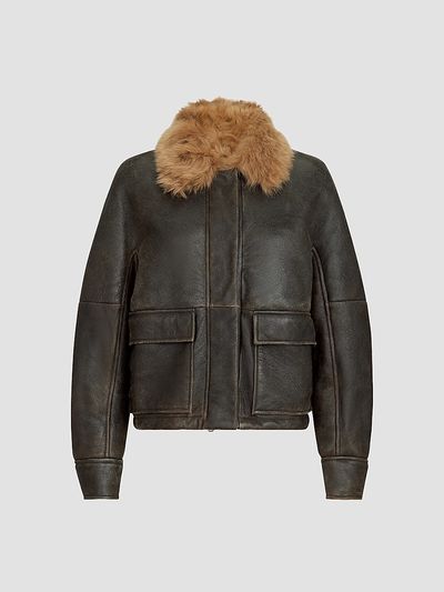 Brunello Cucinelli Women's Vintage-Effect Shearling Aviator Coat with Monili