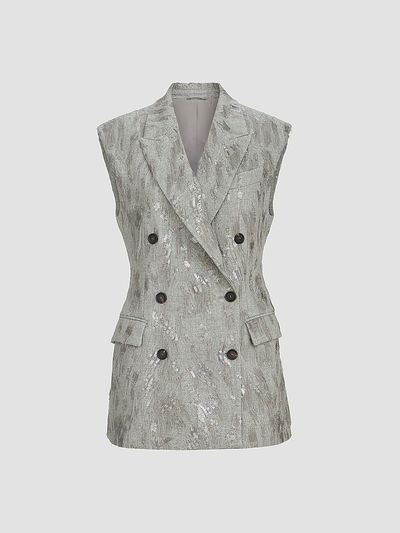 Brunello Cucinelli Women's Virgin Wool and Cashmere Twill Flannel Vest with Dazzling Lynx Embroidery
