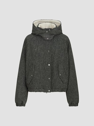 Brunello Cucinelli Women's Virgin Wool Donegal Down Jacket with Detachable Hood and Shiny Zipper Pull