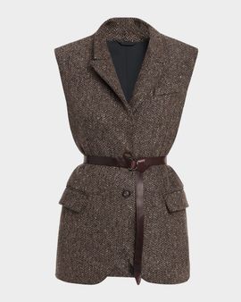 Brunello Cucinelli Wool-Blend Herringbone Belted Vest