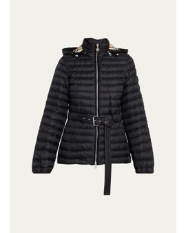 Burberry Amberley Belted Nylon Puffer Jacket with Detachable Collar