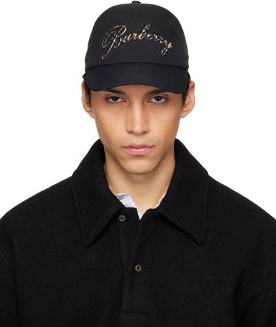 Burberry - Black Check Cursive Logo Gabardine Baseball Cap display picture 1