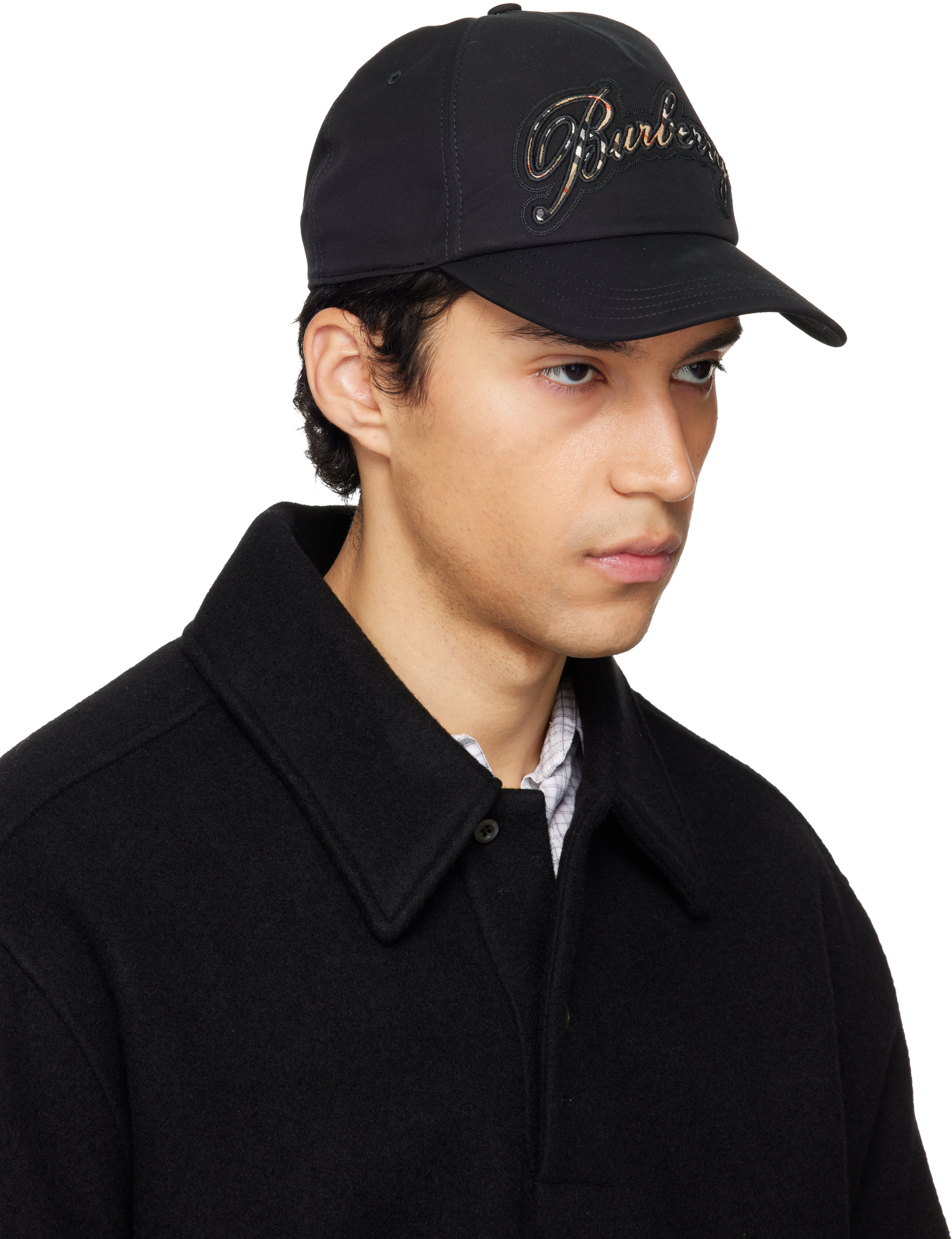 Burberry - Black Check Cursive Logo Gabardine Baseball Cap