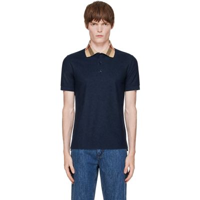 Burberry Burberry Navy Check Collar Cotton Polo