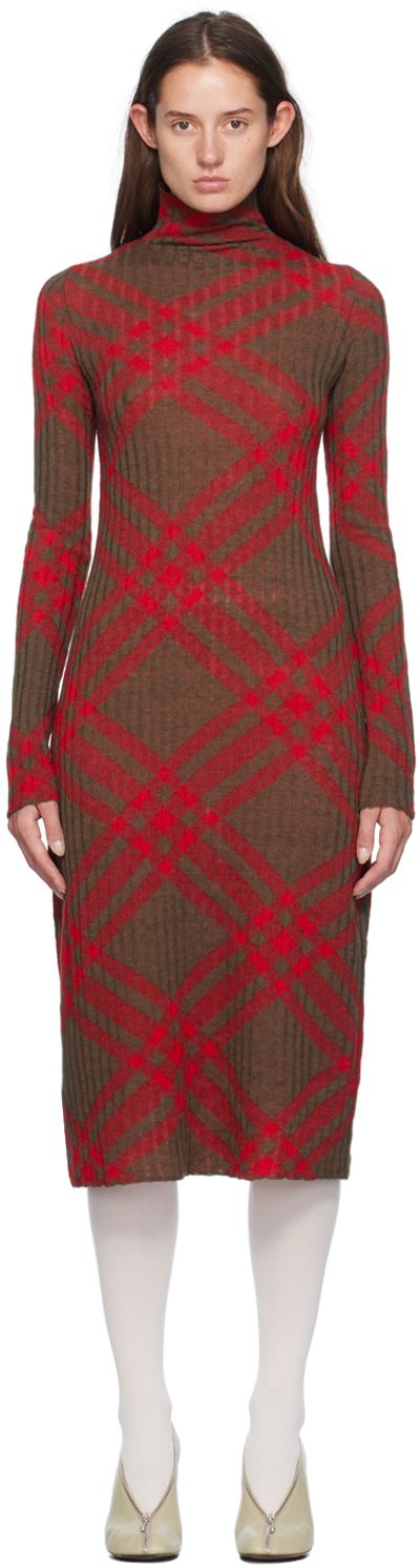 Burberry - Red & Brown Check Midi Dress