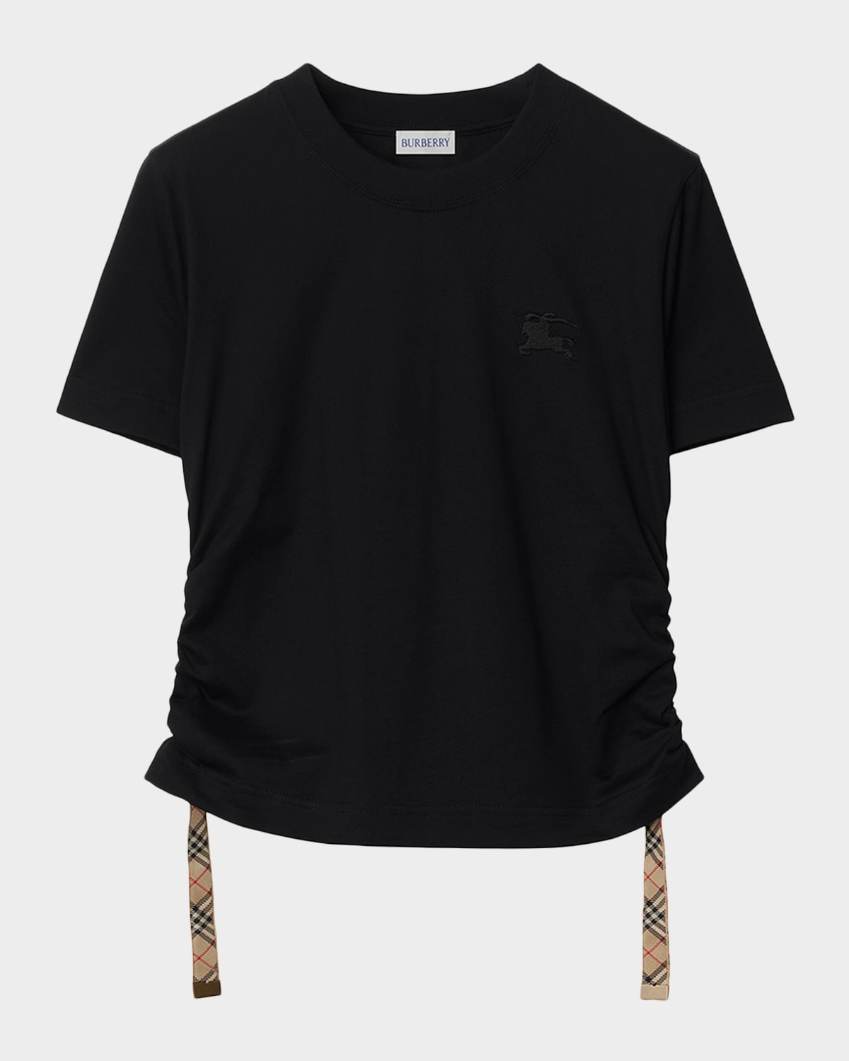 Burberry Check-Tie Ruched Short-Sleeve Crop T-Shirt