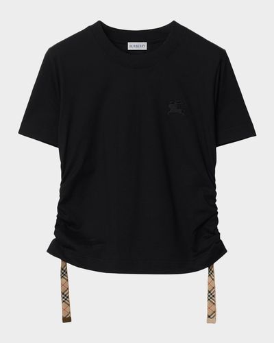 Burberry Check-Tie Ruched Short-Sleeve Crop T-Shirt