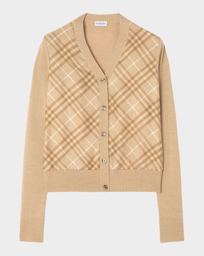 Burberry Check Silk Paneled Crewneck Cardigan