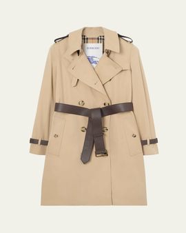 Burberry Kensington Leather-Trim Double-Breasted Trench Coat