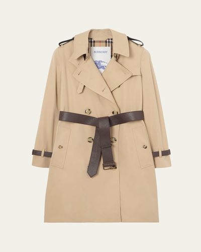 Burberry Kensington Leather-Trim Double-Breasted Trench Coat