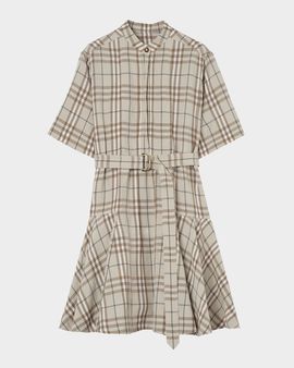Burberry Short-Sleeve Check Linen-Blend Belted Mini Shirtdress