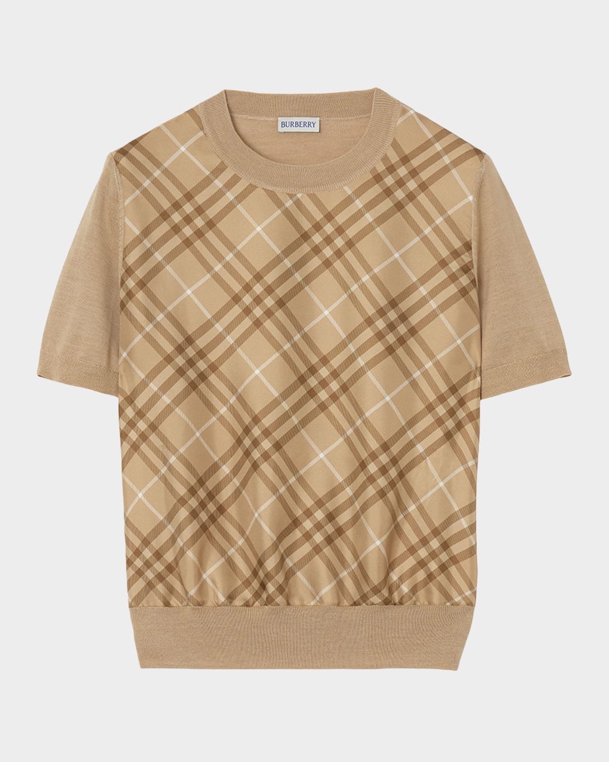 Burberry Short-Sleeve Check Silk Paneled Crewneck Sweater