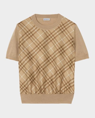 Burberry Short-Sleeve Check Silk Paneled Crewneck Sweater
