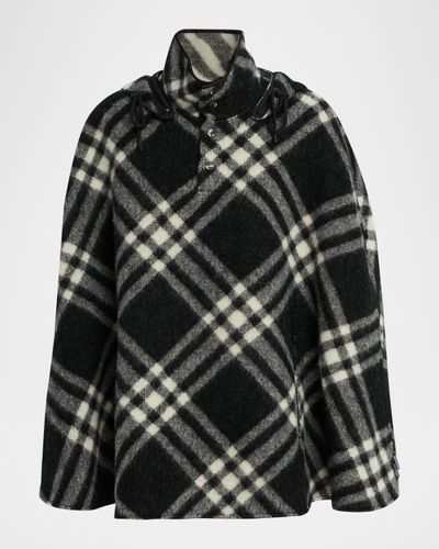 Burberry St. Neve Check Wool Poncho with Detachable Hood