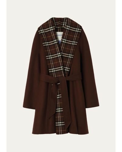 Burberry Verona Check Lapels Belted Double-Wool Wrap Coat