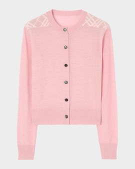 Burberry Wendy Check-Shoulder Wool Crewneck Cardigan