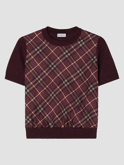 Burberry Women's Sandrina Check Panel Wool-Silk T-Shirt