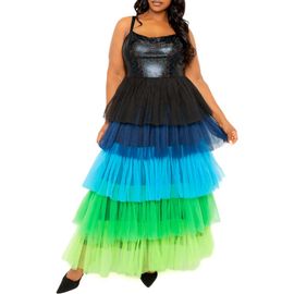 BUXOM COUTURE BUXOM COUTURE Colorful Tiered Faux Leather & Tulle Maxi Dress