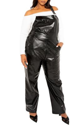 BUXOM COUTURE BUXOM COUTURE Croc Embossed Faux Leather Overalls